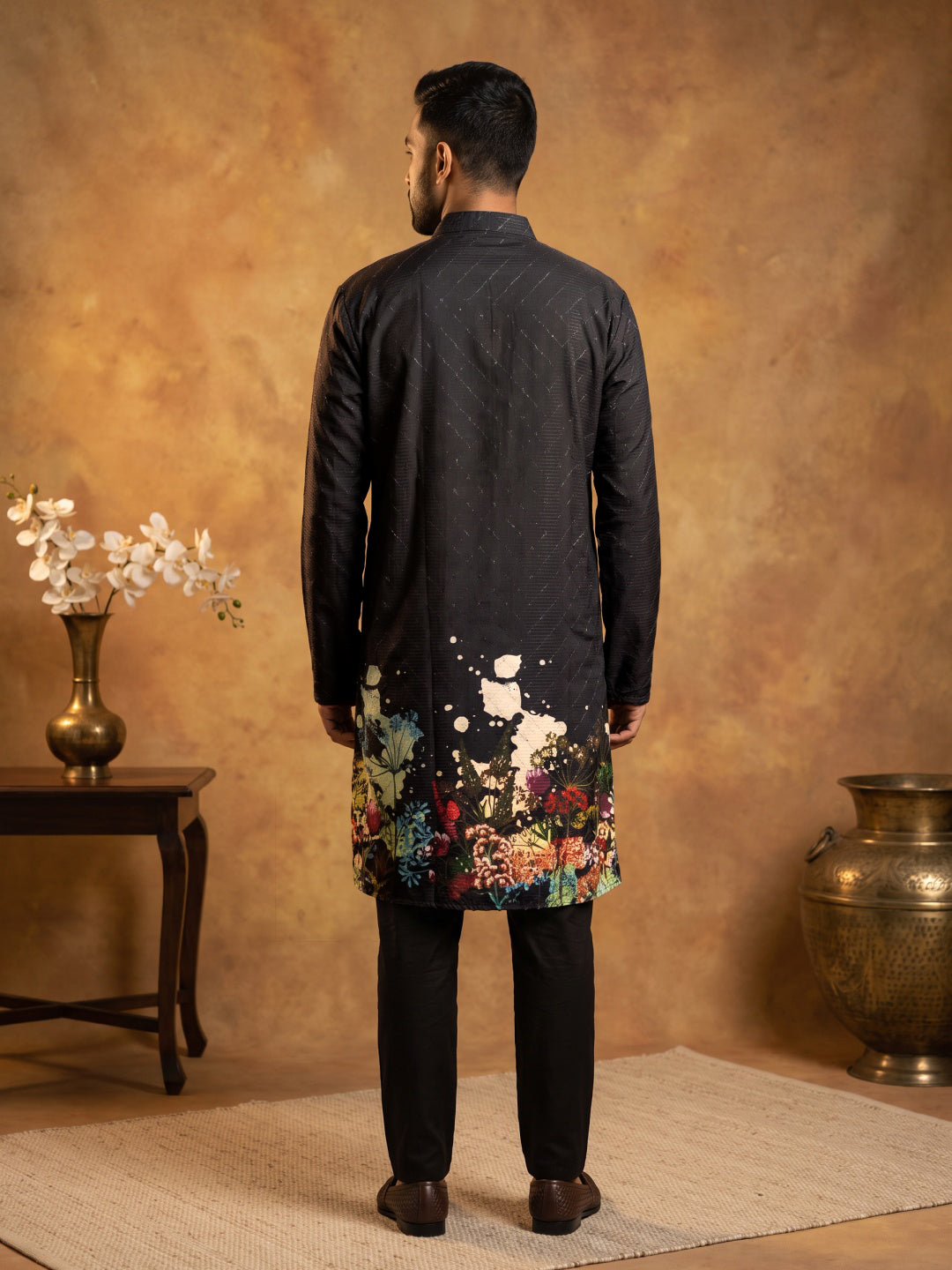 Floral Printed Black Kurta for Men ( ANMKO 266 Black )