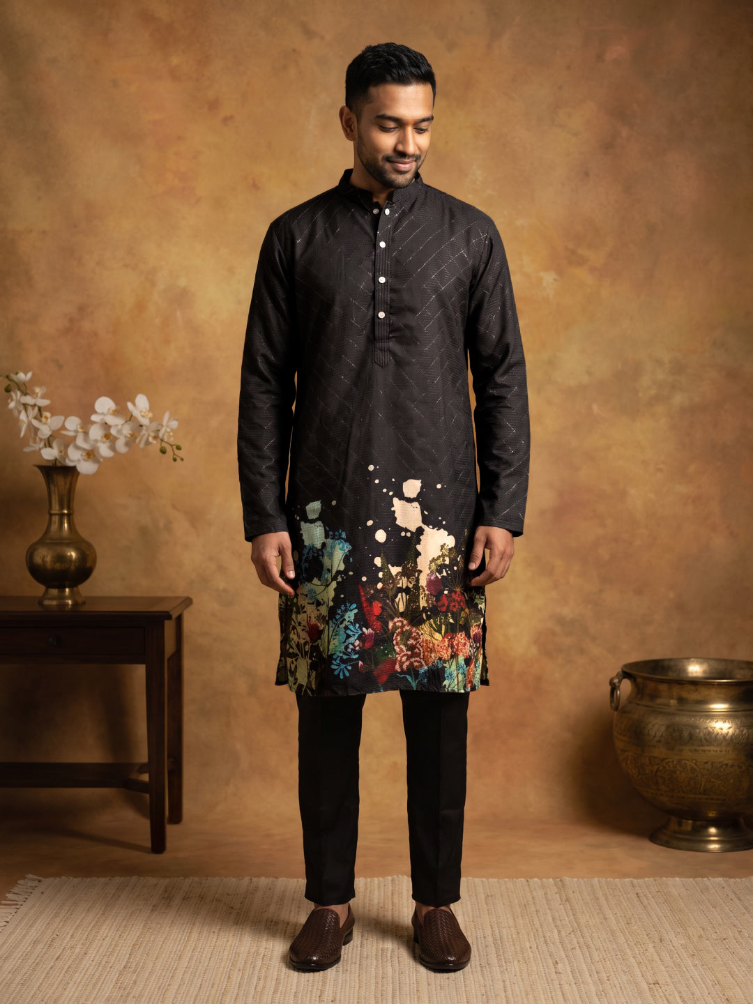 Floral Printed Black Kurta for Men ( ANMKO 266 Black )
