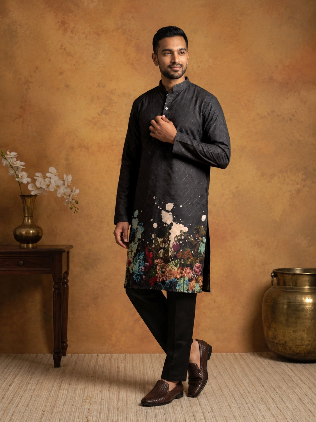 Floral Printed Black Kurta for Men ( ANMKO 266 Black )