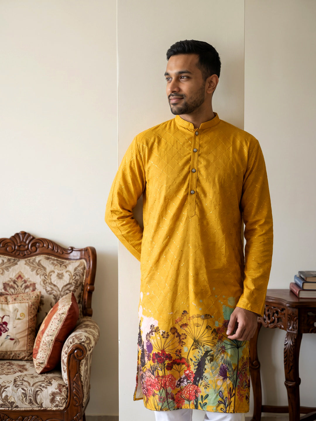 Floral Printed Black Kurta for Men ( ANMKO 266 Mustard )