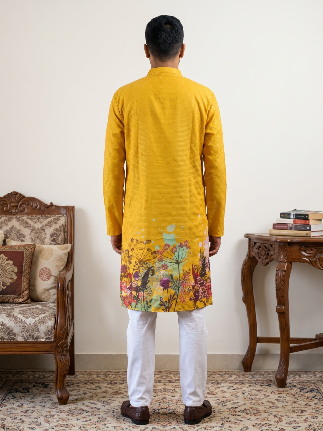 Floral Printed Black Kurta for Men ( ANMKO 266 Mustard )
