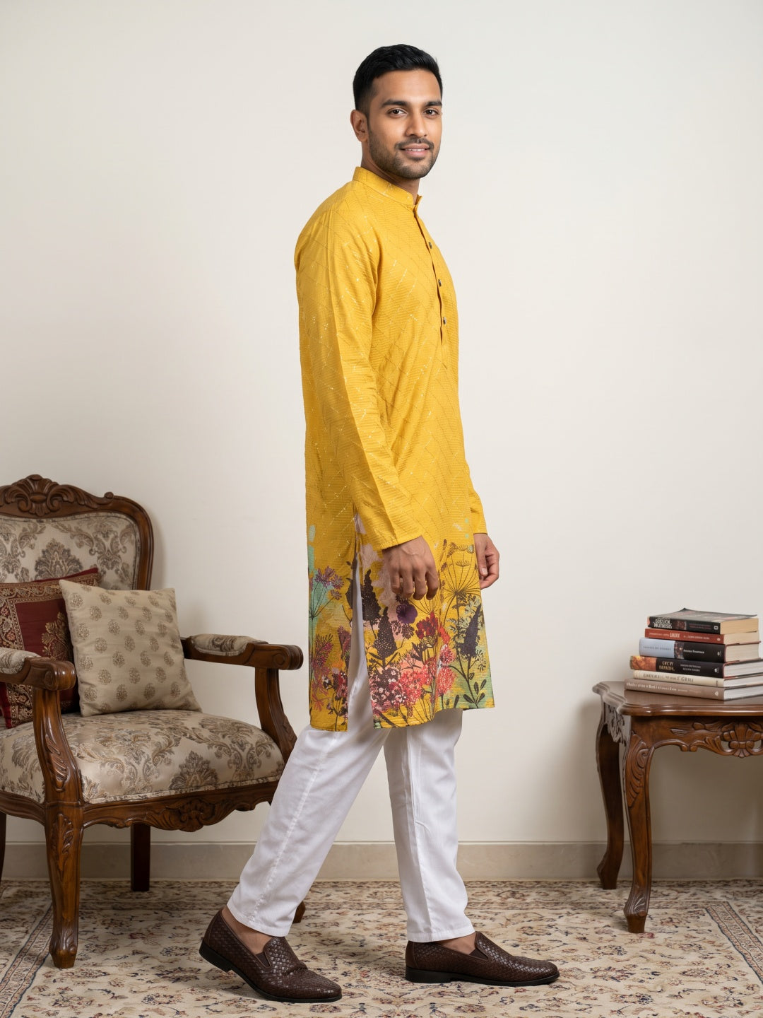 Floral Printed Black Kurta for Men ( ANMKO 266 Mustard )