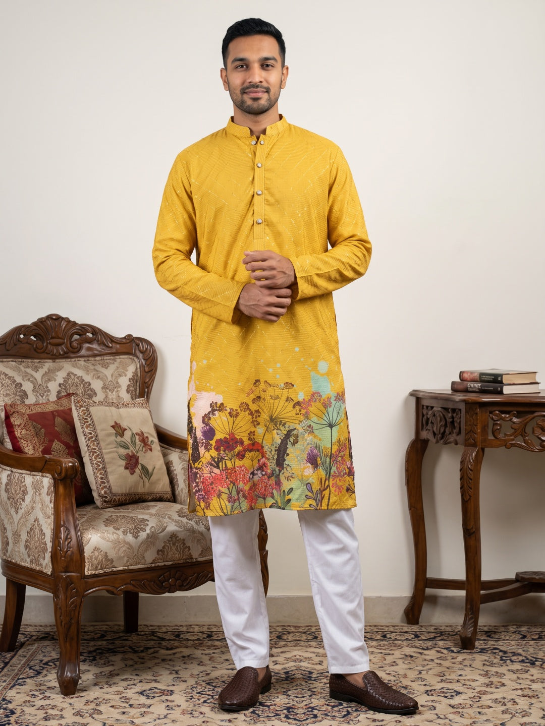 Floral Printed Black Kurta for Men ( ANMKO 266 Mustard )