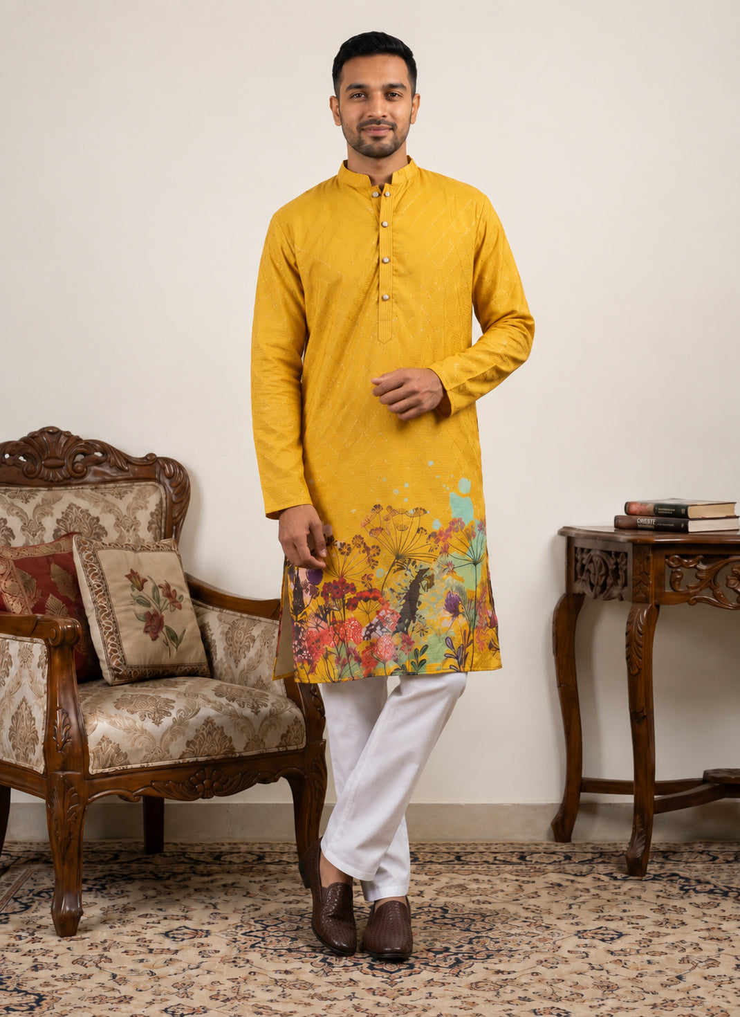Floral Printed Black Kurta for Men ( ANMKO 266 Mustard )