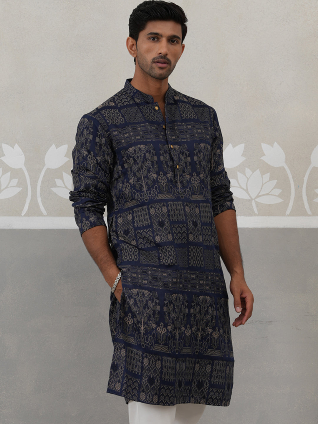 Navy Blue Woven Design Jacquard Kurtas ( ANMKO 271Navy )  [RT] [M-7]