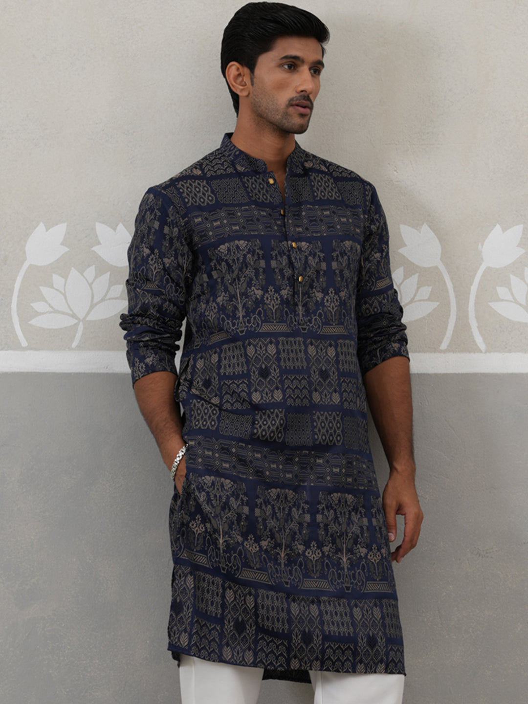 Navy Blue Woven Design Jacquard Kurtas ( ANMKO 271Navy )  [RT] [M-7]