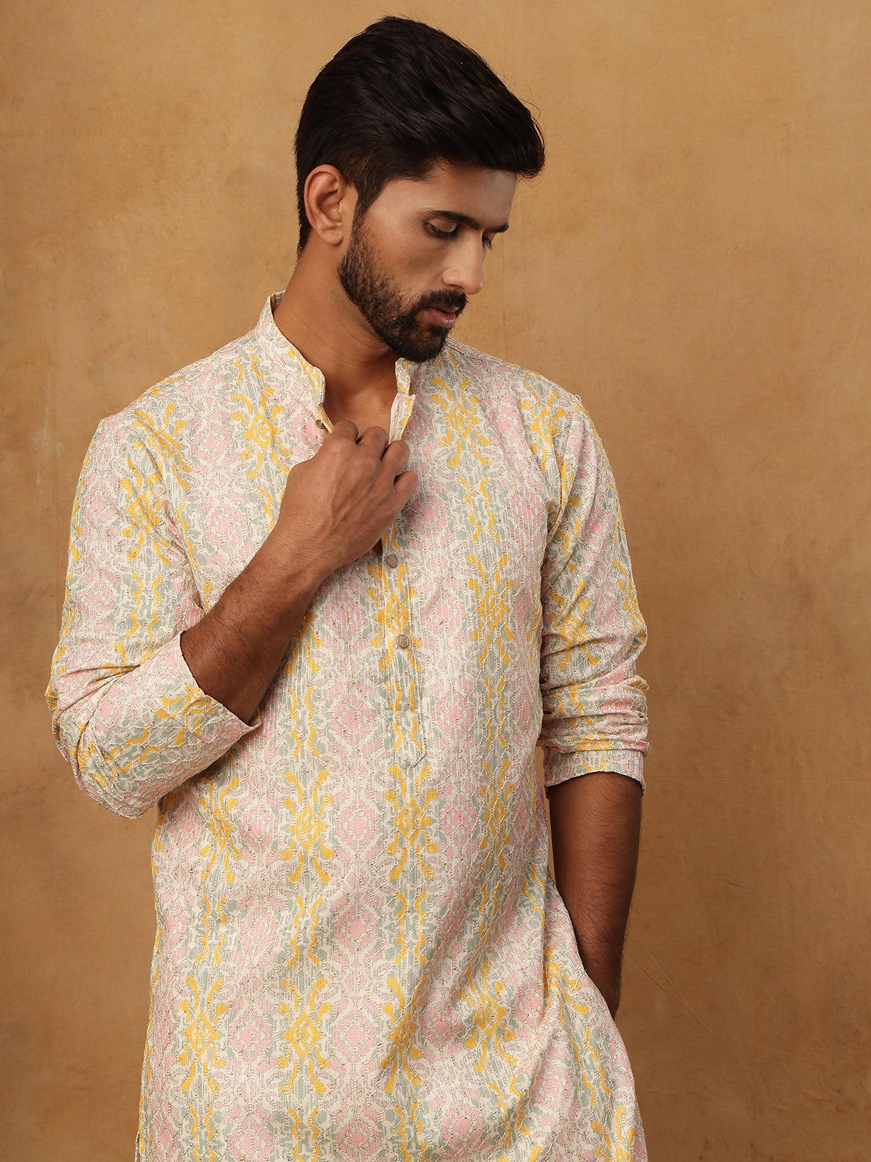 Thread Work & Printed Silk Blend Kurta ( ANMKO 279Peach )