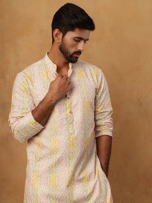 Thread Work & Printed Silk Blend Kurta ( ANMKO 279Peach )