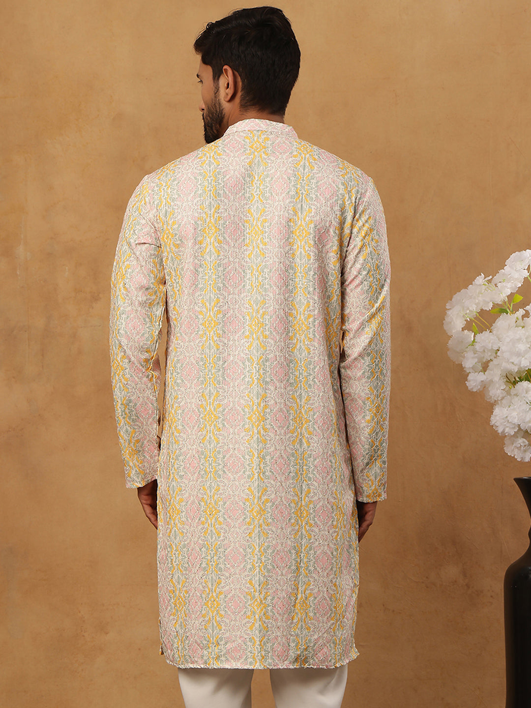 Thread Work & Printed Silk Blend Kurta ( ANMKO 279Peach )