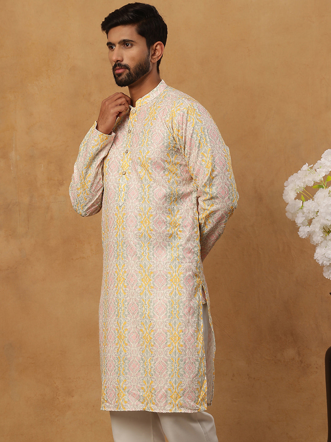 Thread Work & Printed Silk Blend Kurta ( ANMKO 279Peach )