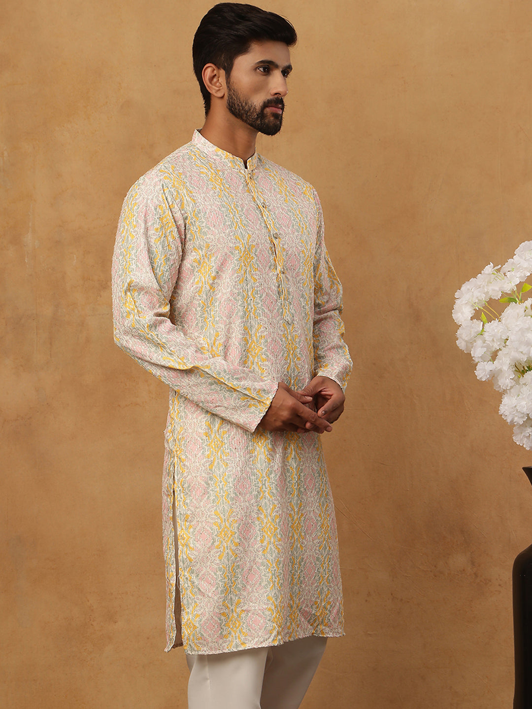 Thread Work & Printed Silk Blend Kurta ( ANMKO 279Peach )