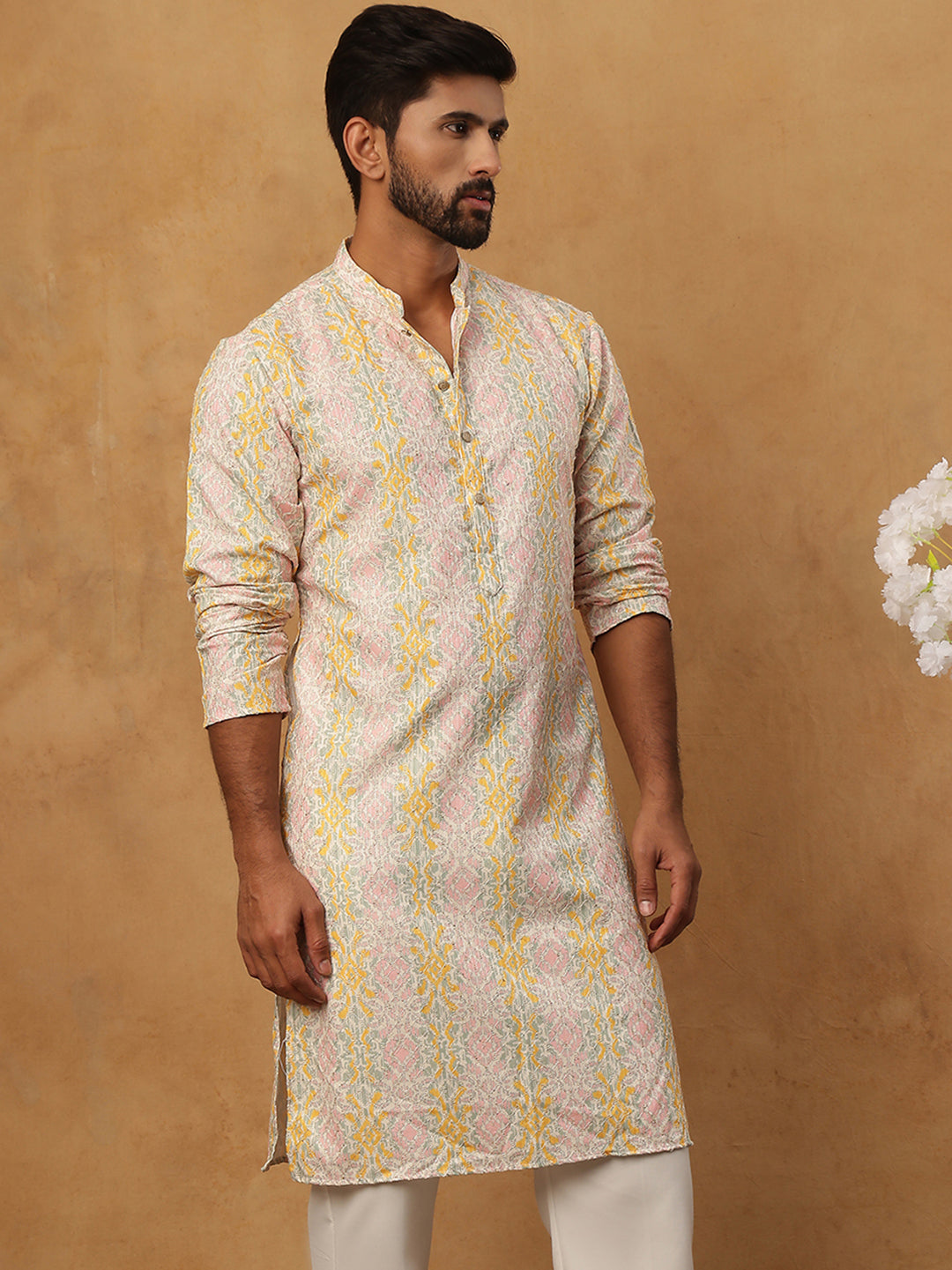 Thread Work & Printed Silk Blend Kurta ( ANMKO 279Peach )