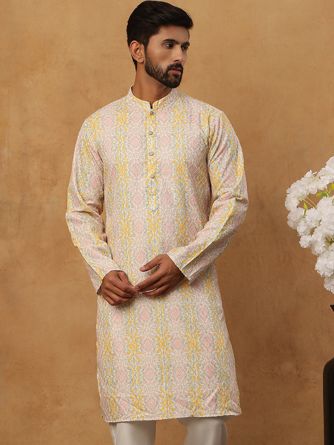 Thread Work & Printed Silk Blend Kurta ( ANMKO 279Peach )