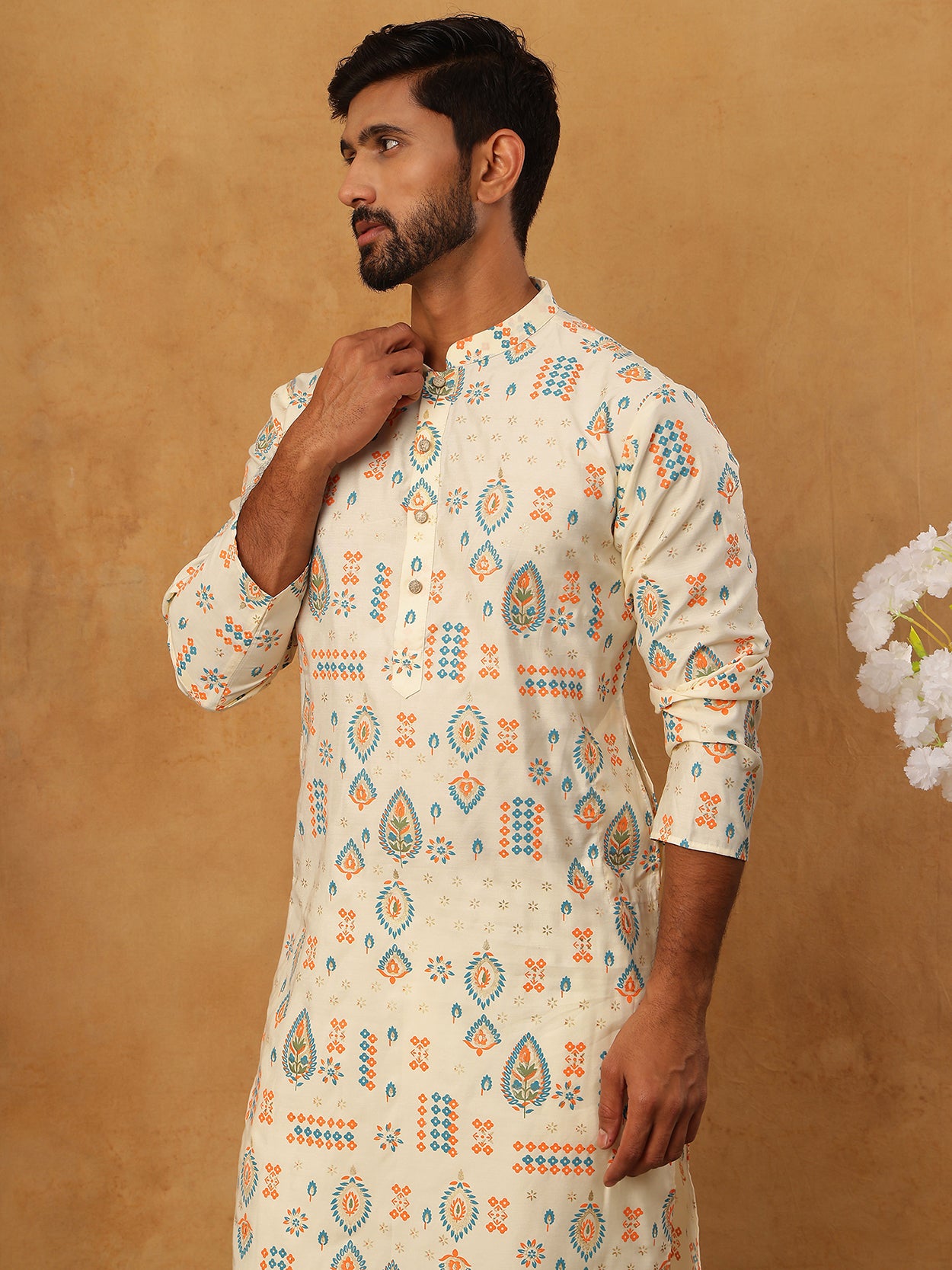 Foil Printed Cotton Blend Kurta ( ANMKO 281Cream )