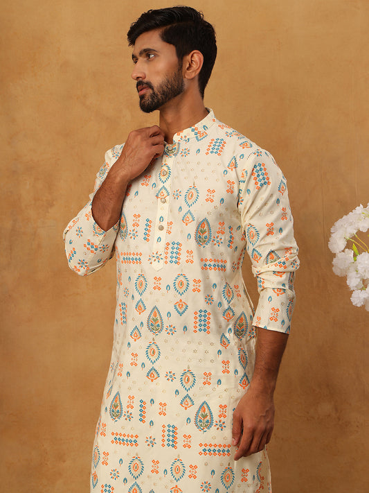 Foil Printed Cotton Blend Kurta ( ANMKO 281Cream )