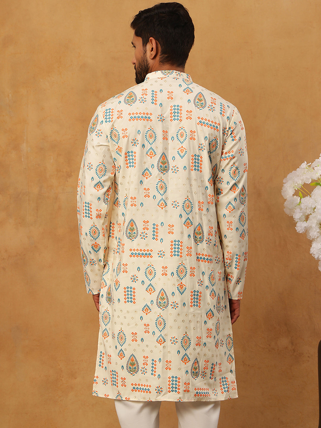 Foil Printed Cotton Blend Kurta Pyjama Set ( ANMKP W 281Cream )