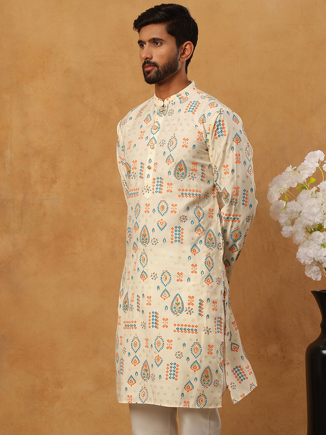Foil Printed Cotton Blend Kurta Pyjama Set ( ANMKP W 281Cream )