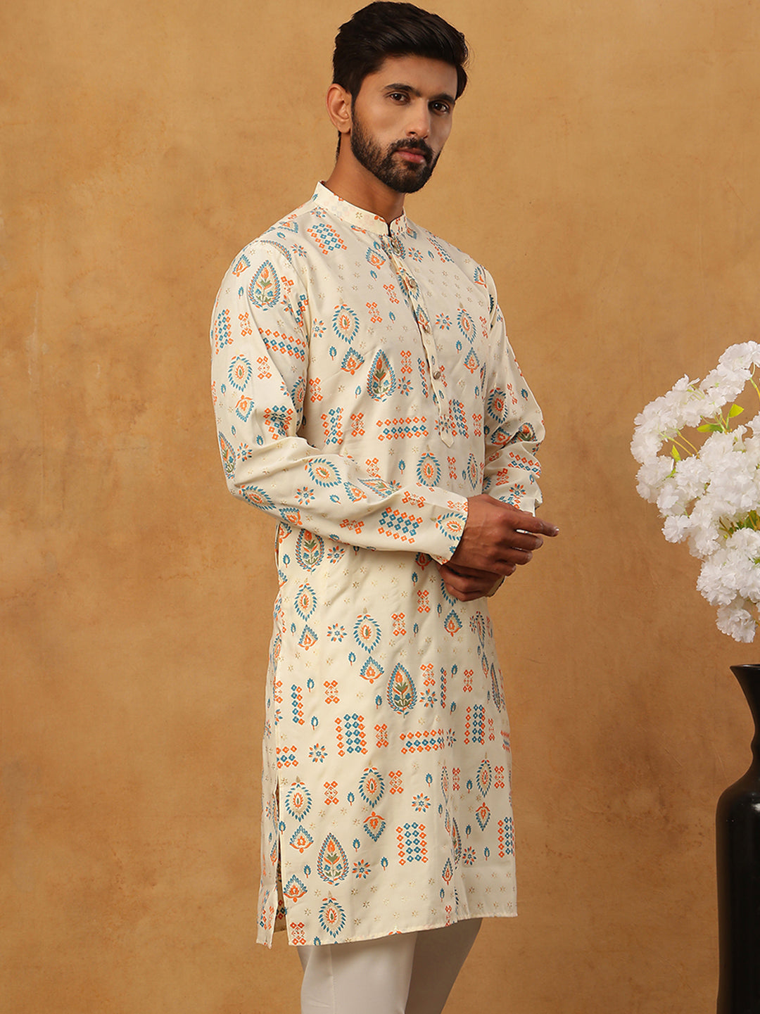 Foil Printed Cotton Blend Kurta ( ANMKO 281Cream )
