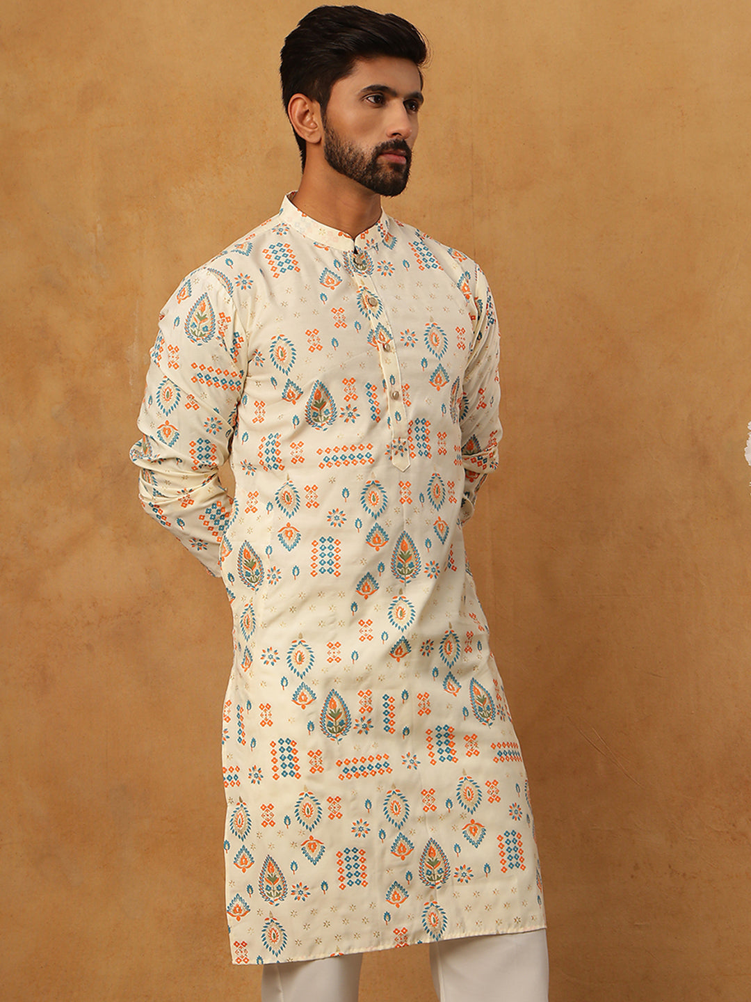 Foil Printed Cotton Blend Kurta Pyjama Set ( ANMKP W 281Cream )