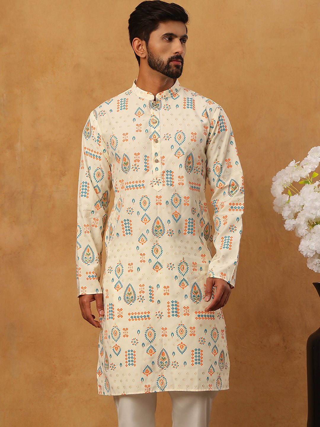 Foil Printed Cotton Blend Kurta ( ANMKO 281Cream )