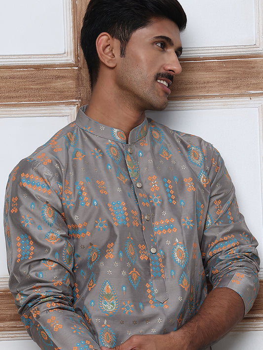 Foil Printed Cotton Blend Kurta Pyjama Set ( ANMKP W 281Grey )