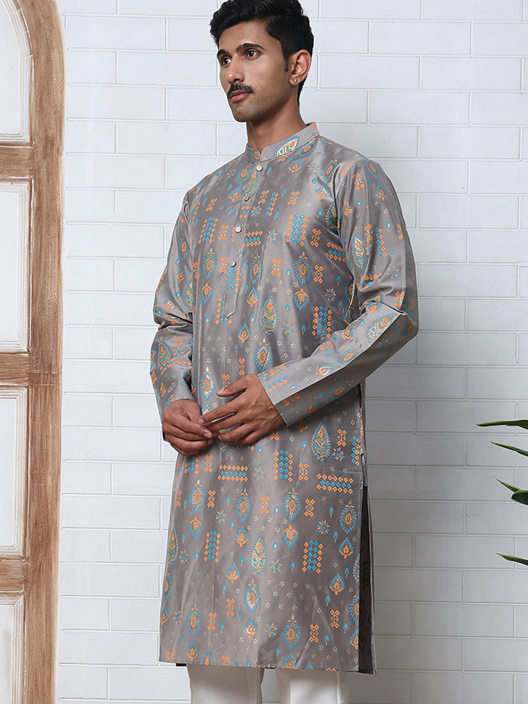 Foil Printed Cotton Blend Kurta Pyjama Set ( ANMKP W 281Grey )