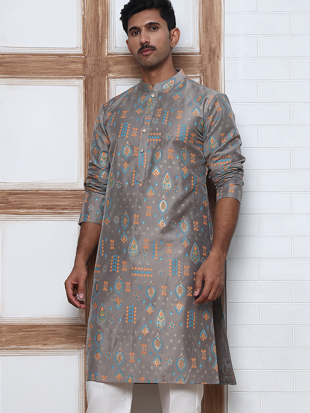 Foil Printed Cotton Blend Kurta Pyjama Set ( ANMKP W 281Grey )