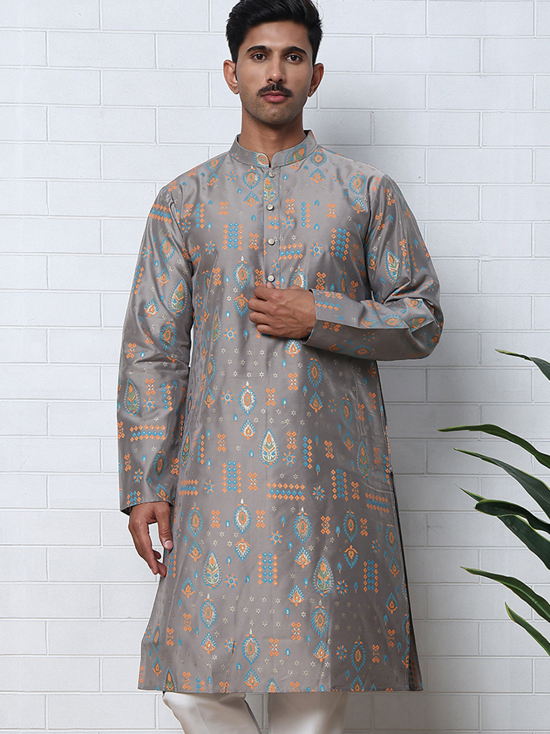 Foil Printed Cotton Blend Kurta Pyjama Set ( ANMKP W 281Grey )
