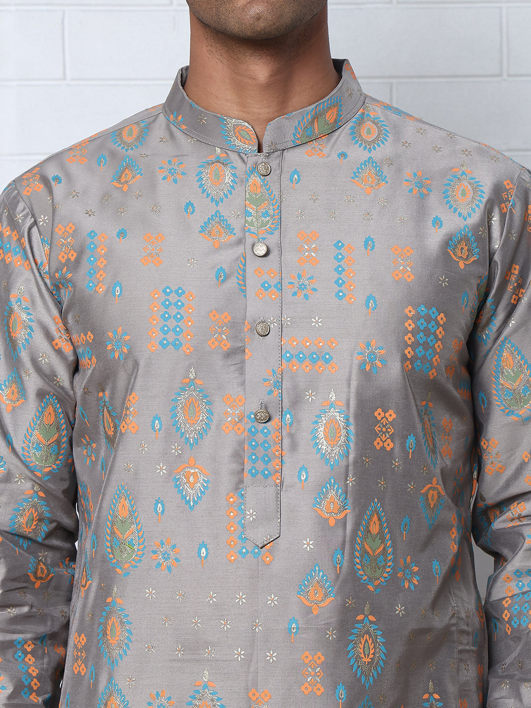 Foil Printed Cotton Blend Kurta Pyjama Set ( ANMKP W 281Grey )