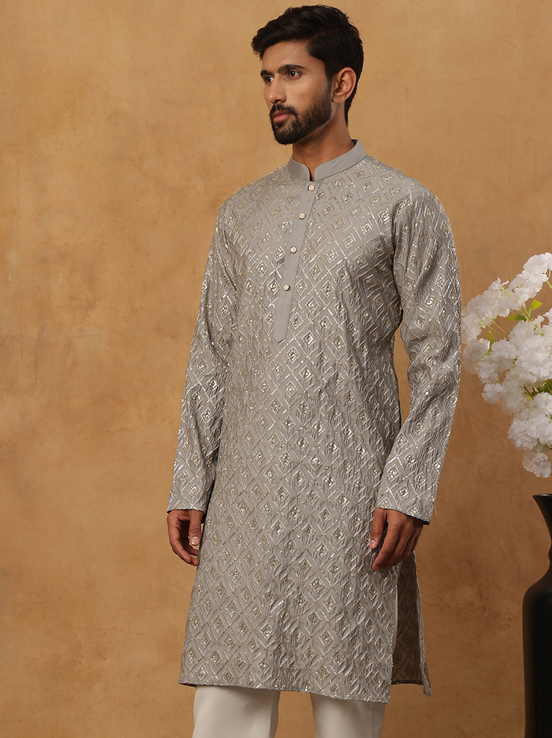 Geometric Sequin Pattern Kurta ( ANMKO 282Grey )