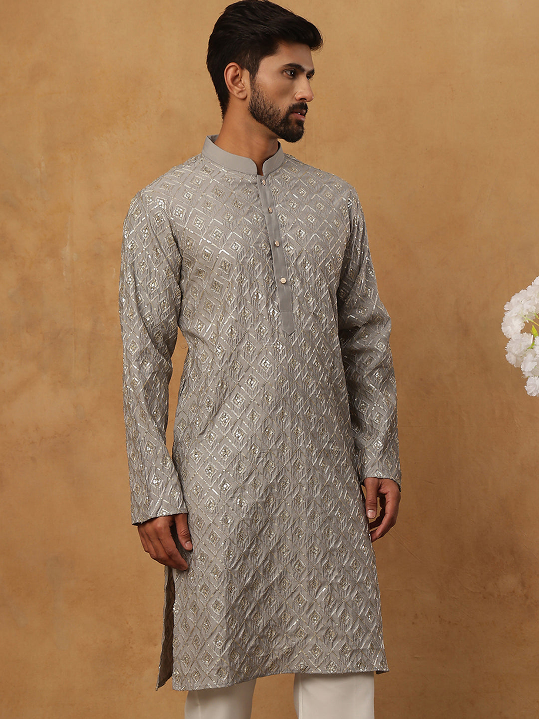 Geometric Sequin Pattern Kurta ( ANMKO 282Grey )