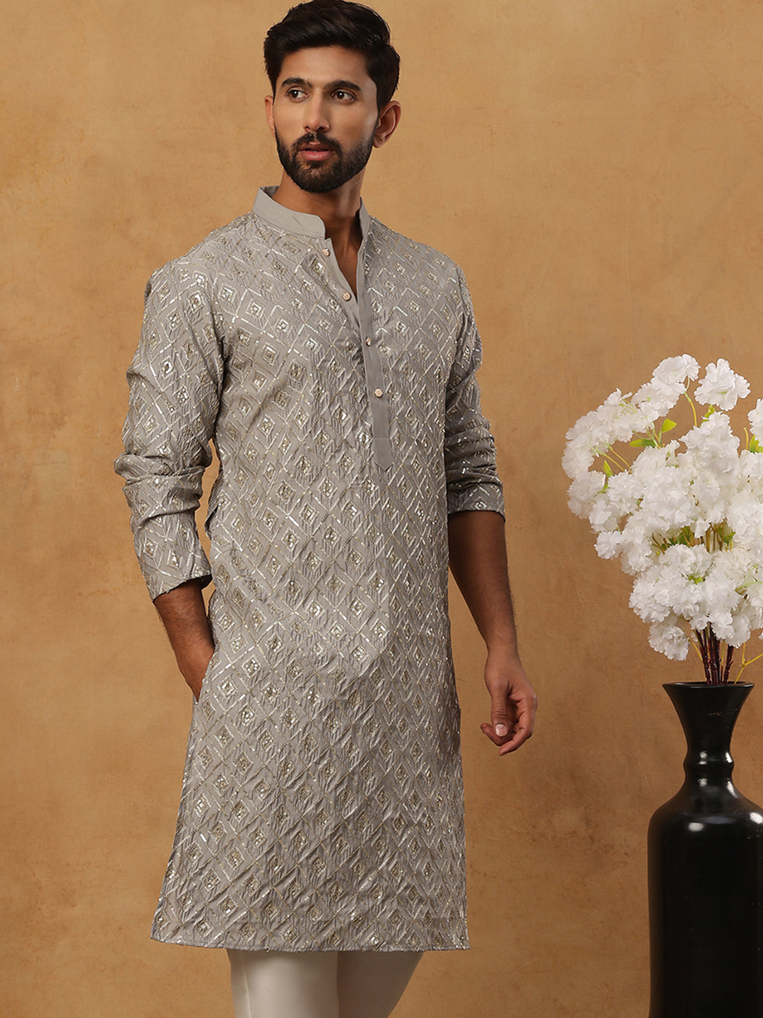 Geometric Sequin Pattern Kurta ( ANMKO 282Grey )