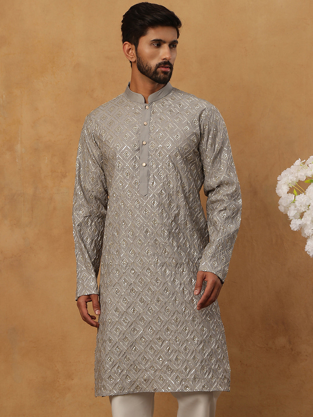 Geometric Sequin Pattern Kurta ( ANMKO 282Grey )