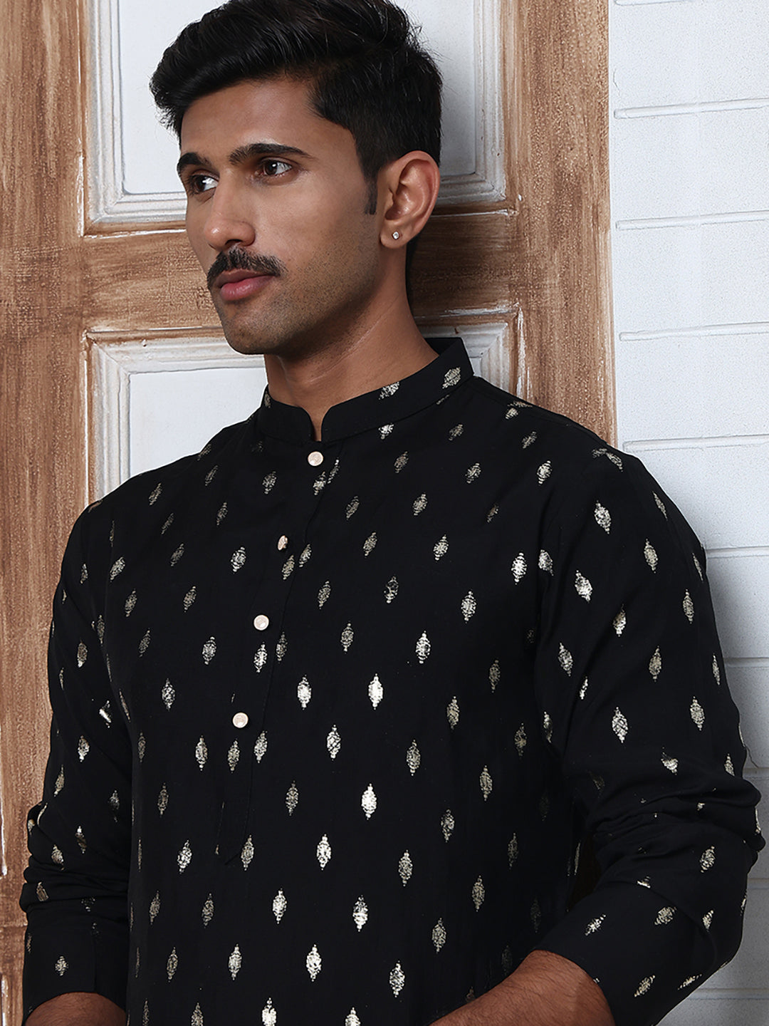 Men's Foil Printed Silk Blend Kurta Pyjama Set ( ANMKP W 283Black )