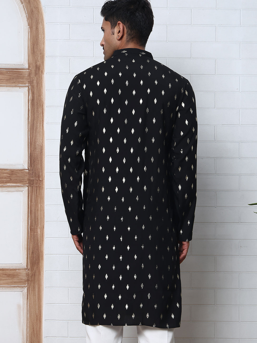 Men's Foil Printed Silk Blend Kurta Pyjama Set ( ANMKP W 283Black )