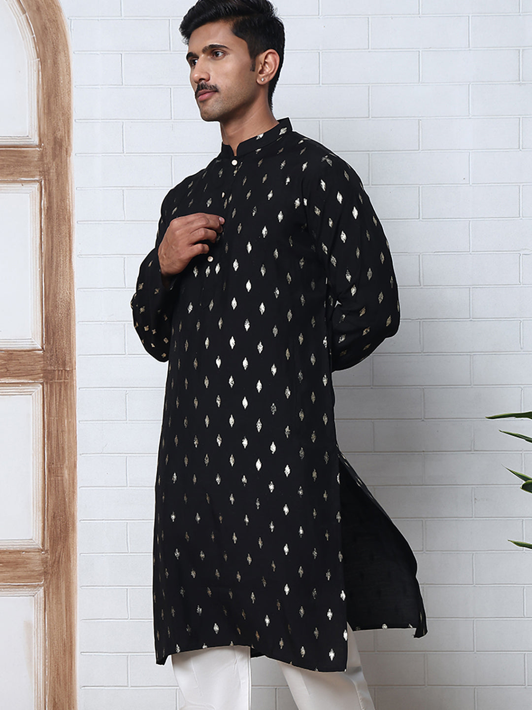 Men's Foil Printed Silk Blend Kurta Pyjama Set ( ANMKP W 283Black )