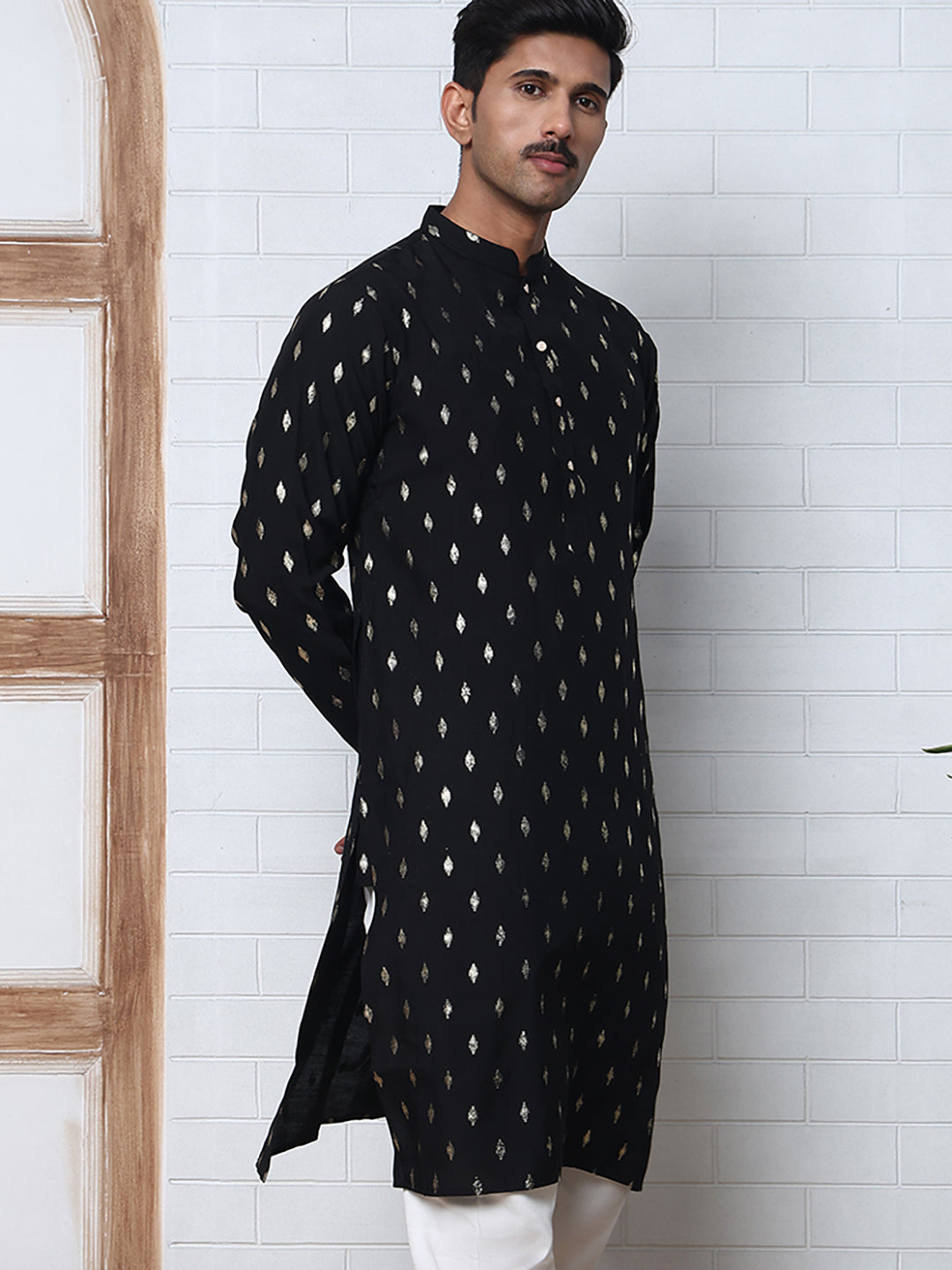 Men's Foil Printed Silk Blend Kurta Pyjama Set ( ANMKP W 283Black )
