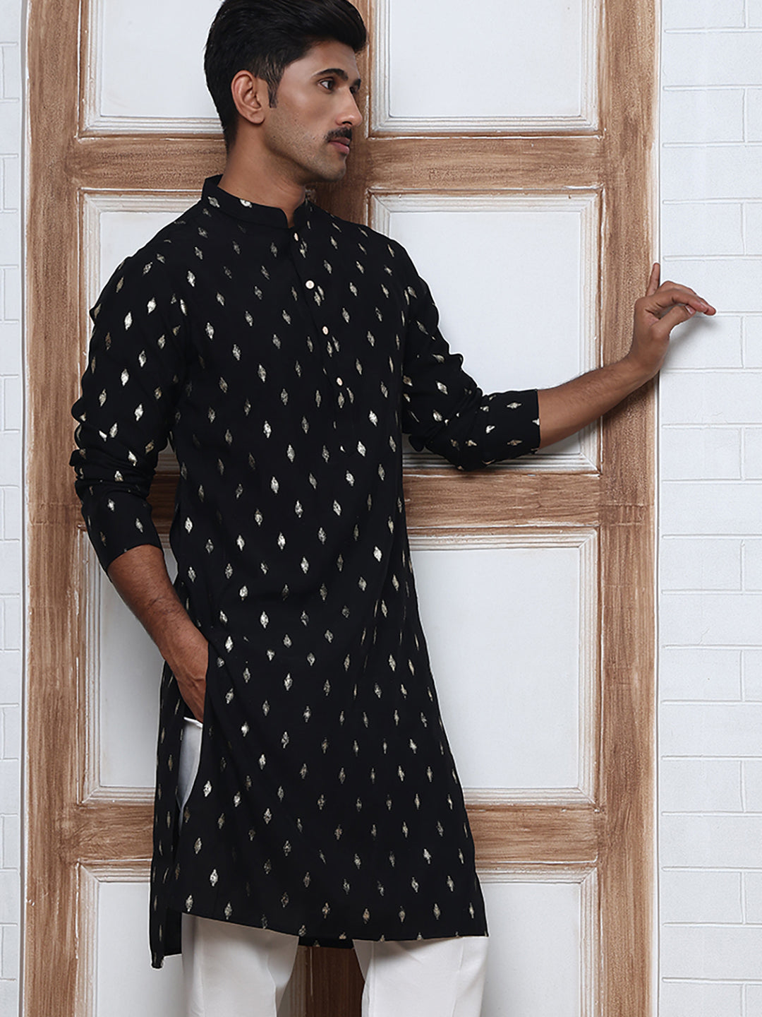 Men's Foil Printed Silk Blend Kurta Pyjama Set ( ANMKP W 283Black )