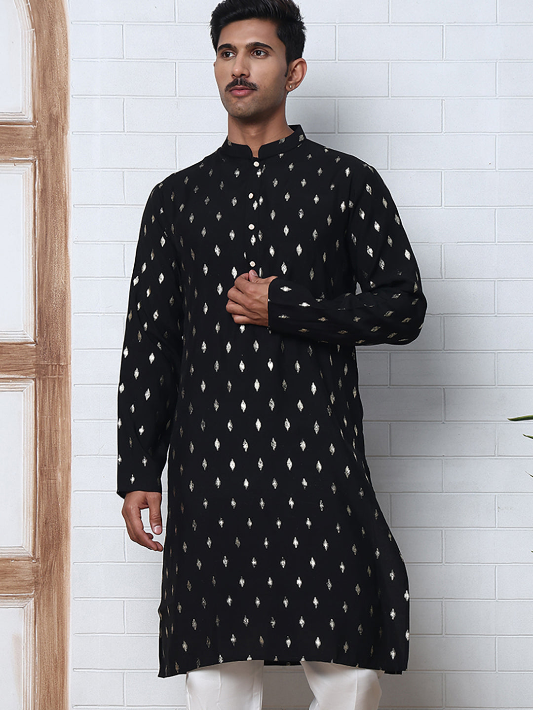 Men's Foil Printed Silk Blend Kurta Pyjama Set ( ANMKP W 283Black )