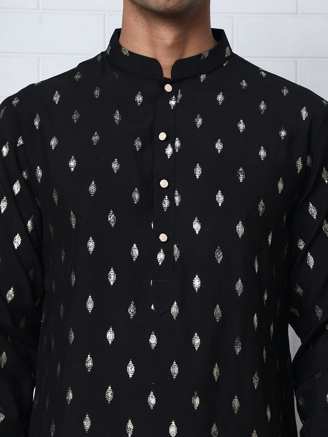 Men's Foil Printed Silk Blend Kurta Pyjama Set ( ANMKP W 283Black )