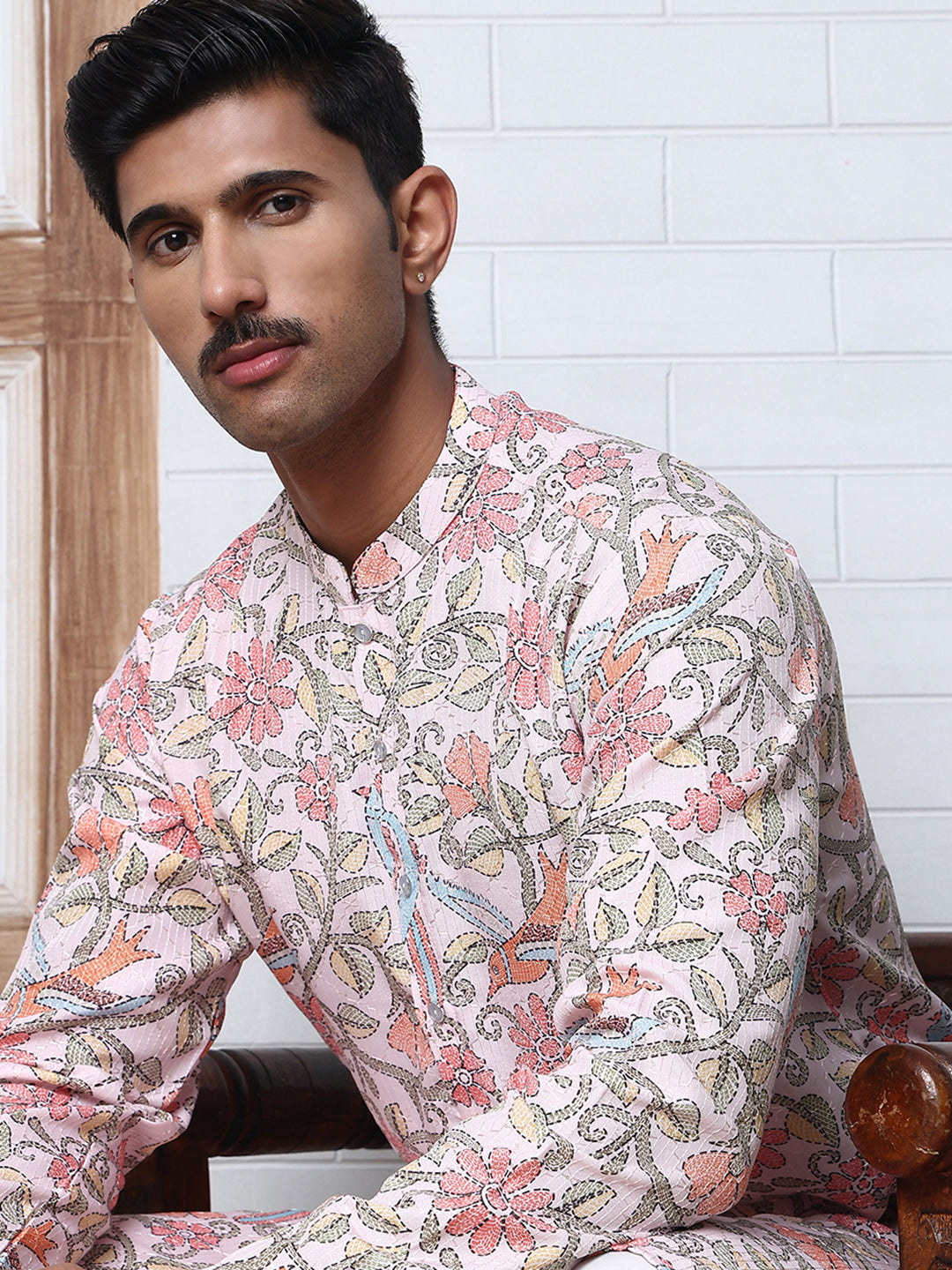 Floral Print Kurta Set with Thread Work Embroidery ( ANMKP W 284Peach )