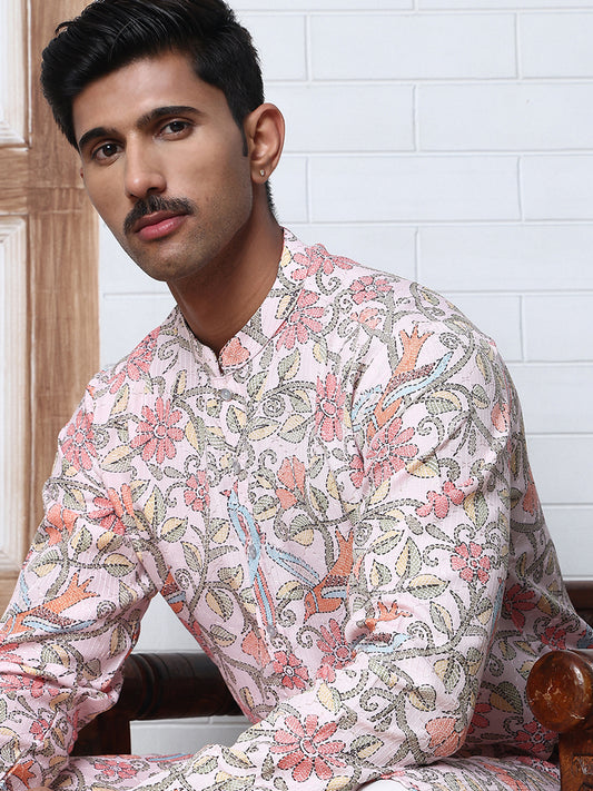 Floral Print Kurta Set with Thread Work Embroidery ( ANMKP W 284Peach )