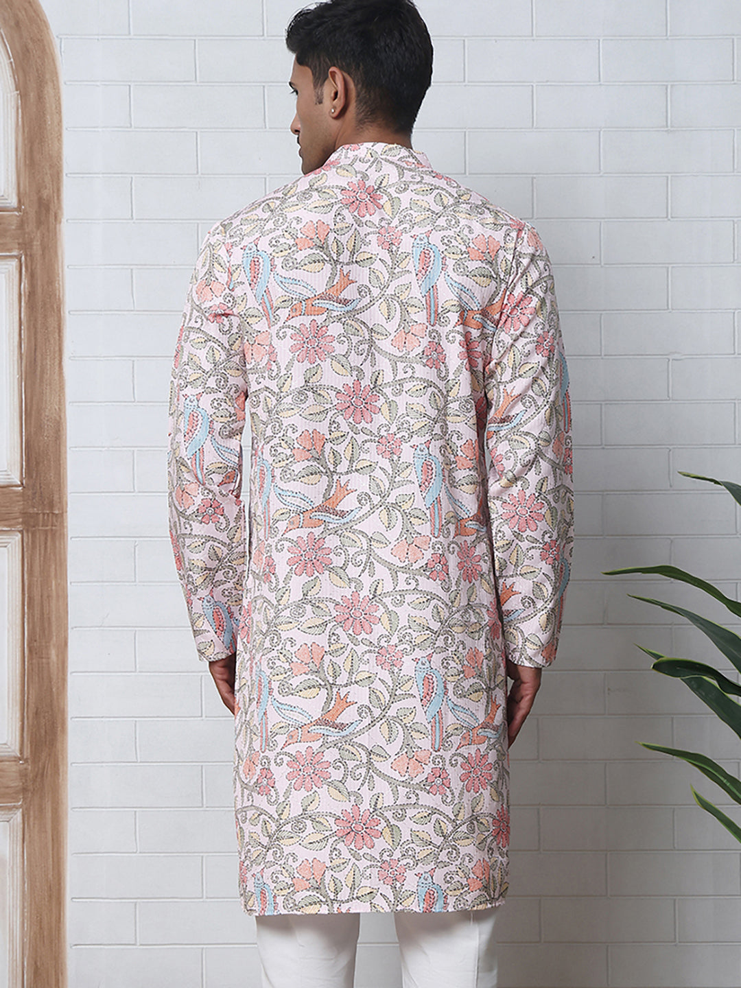 Floral Print Kurta Set with Thread Work Embroidery ( ANMKP W 284Peach )
