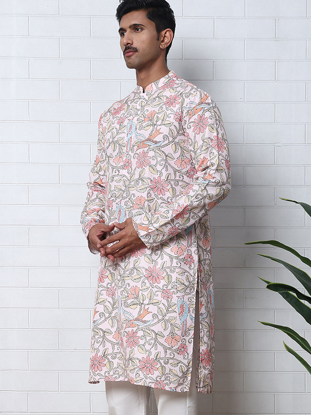 Floral Print Kurta Set with Thread Work Embroidery ( ANMKP W 284Peach )