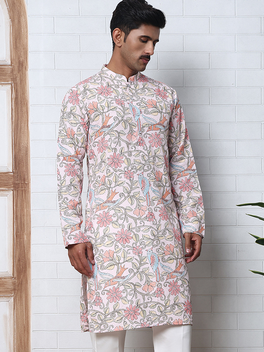 Floral Print Kurta Set with Thread Work Embroidery ( ANMKP W 284Peach )