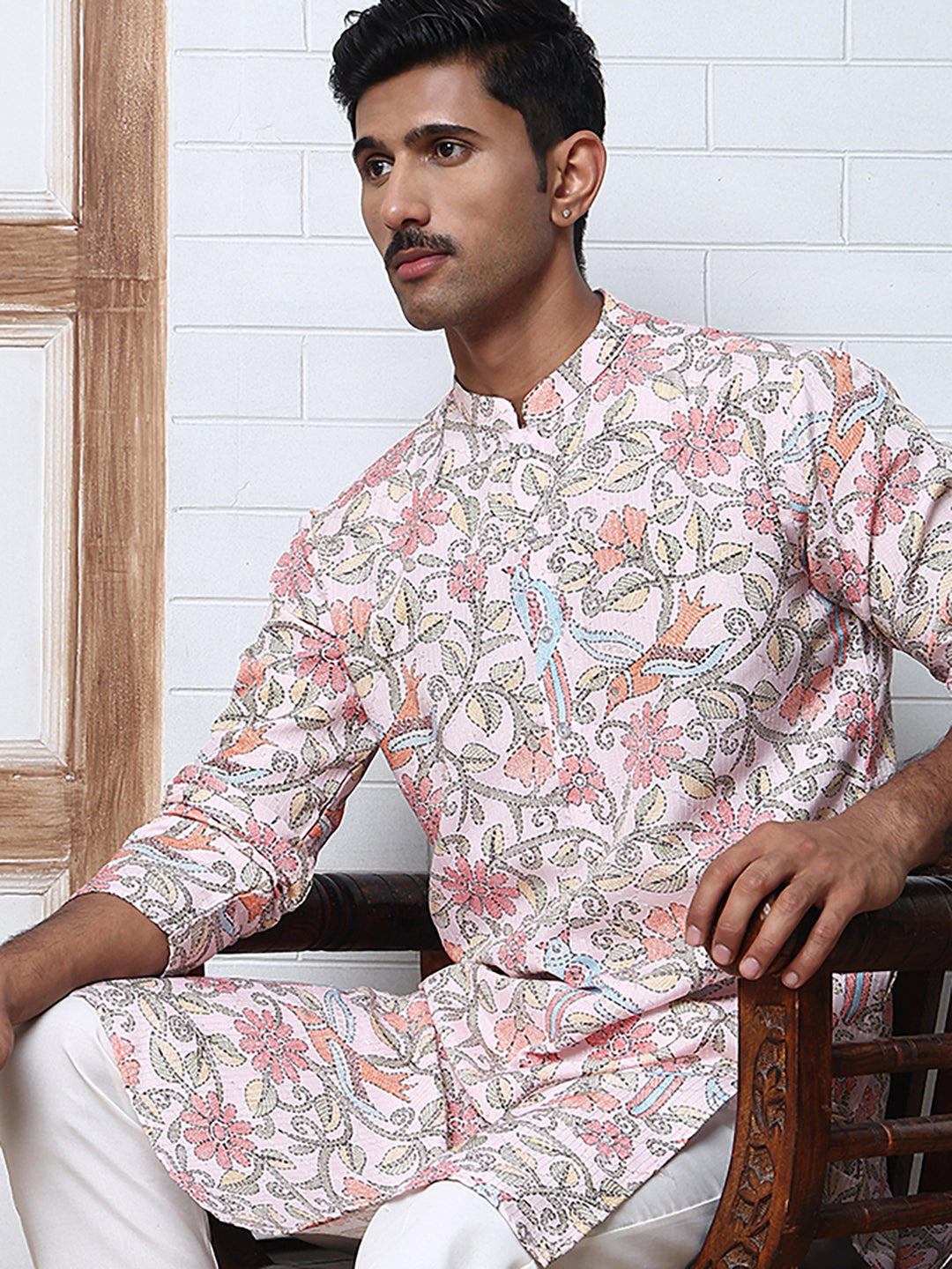 Floral Print Kurta Set with Thread Work Embroidery ( ANMKP W 284Peach )