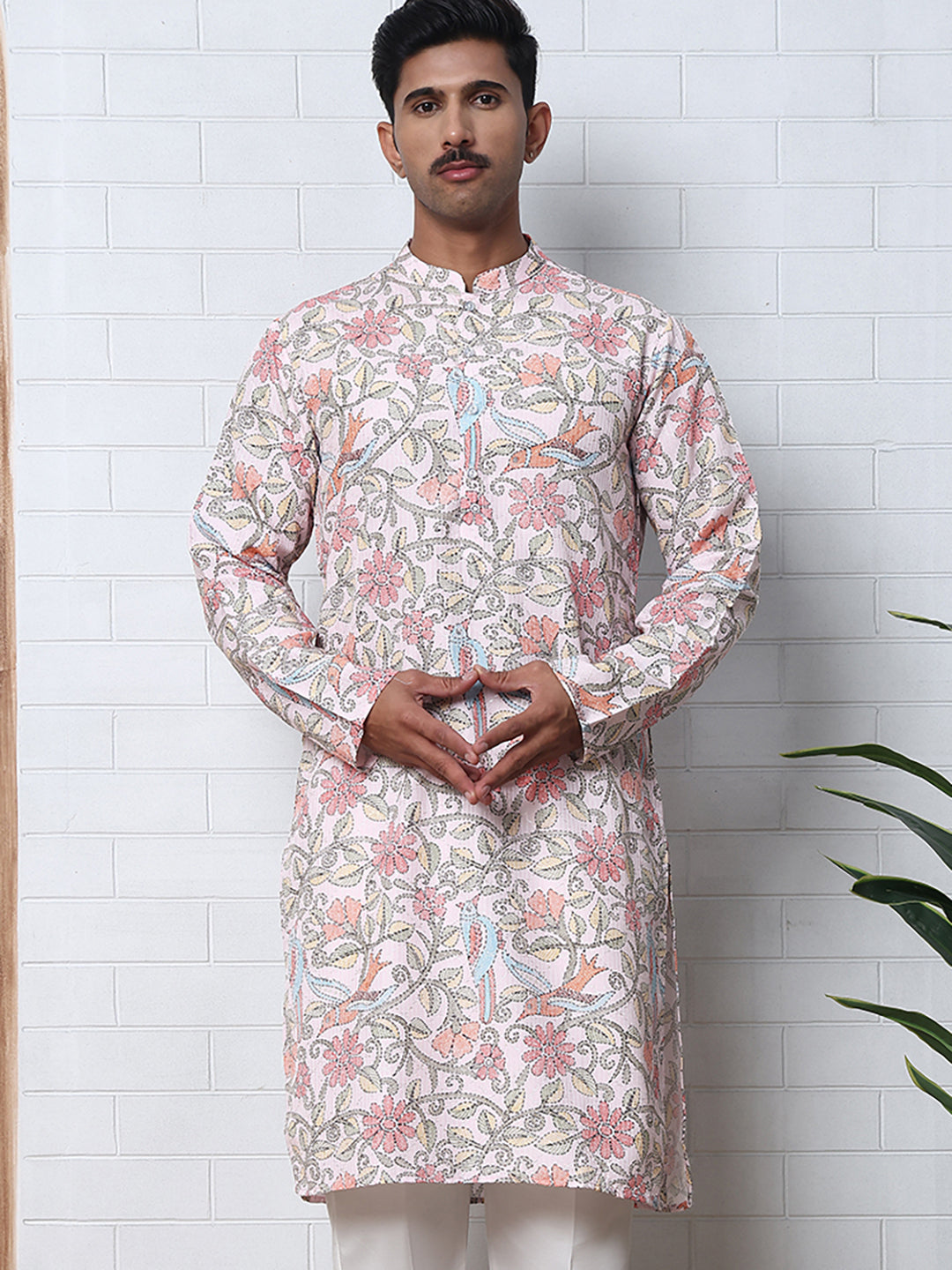 Floral Print Kurta Set with Thread Work Embroidery ( ANMKP W 284Peach )