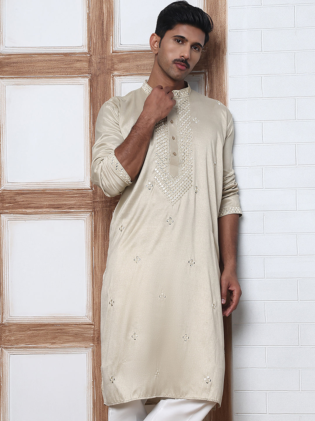 Men Silk Blend Festive Embroidered Kurtas ( ANMKO 286Beige )