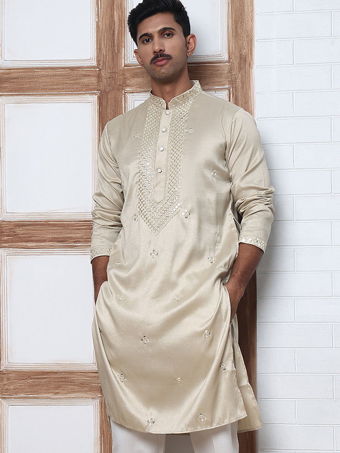 Men Silk Blend Festive Embroidered Kurtas ( ANMKO 286Beige-2 Beige-2 )