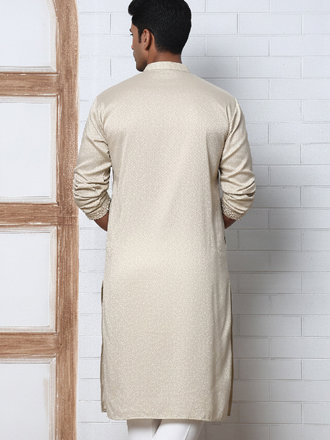 Men Silk Blend Festive Embroidered Kurtas ( ANMKO 286Beige )